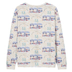 White Honeybee Intel (Forecast) unisex sweatshirt by Daemon Luxury with all-over recycled print, back view showing detailed design.