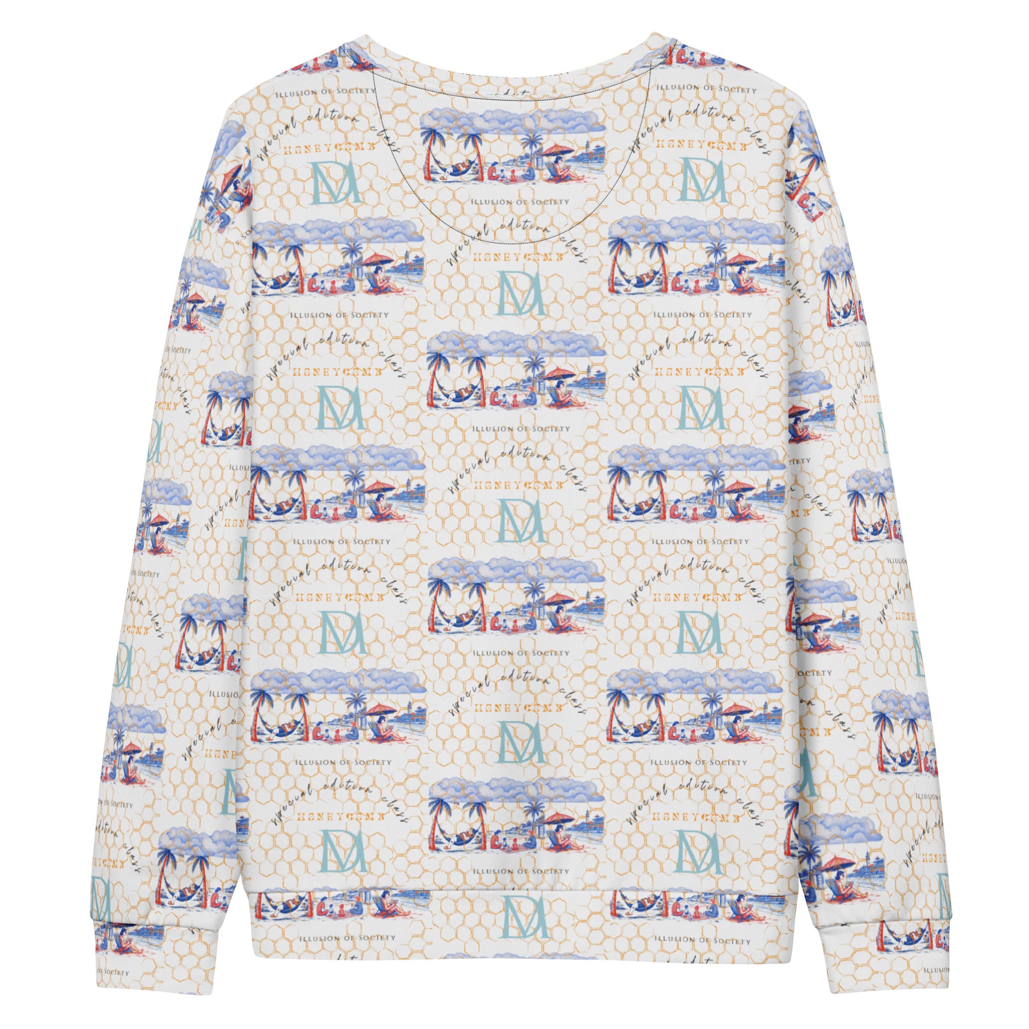 White Honeybee Intel (Forecast) unisex sweatshirt by Daemon Luxury with all-over recycled print, back view showing detailed design.