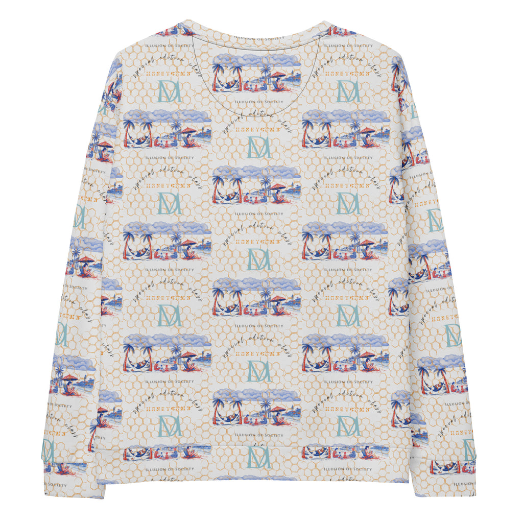 Recycled white Honeybee Intel forecast print unisex sweatshirt by Daemon Luxury, showing back view with all-over honeybee pattern.
