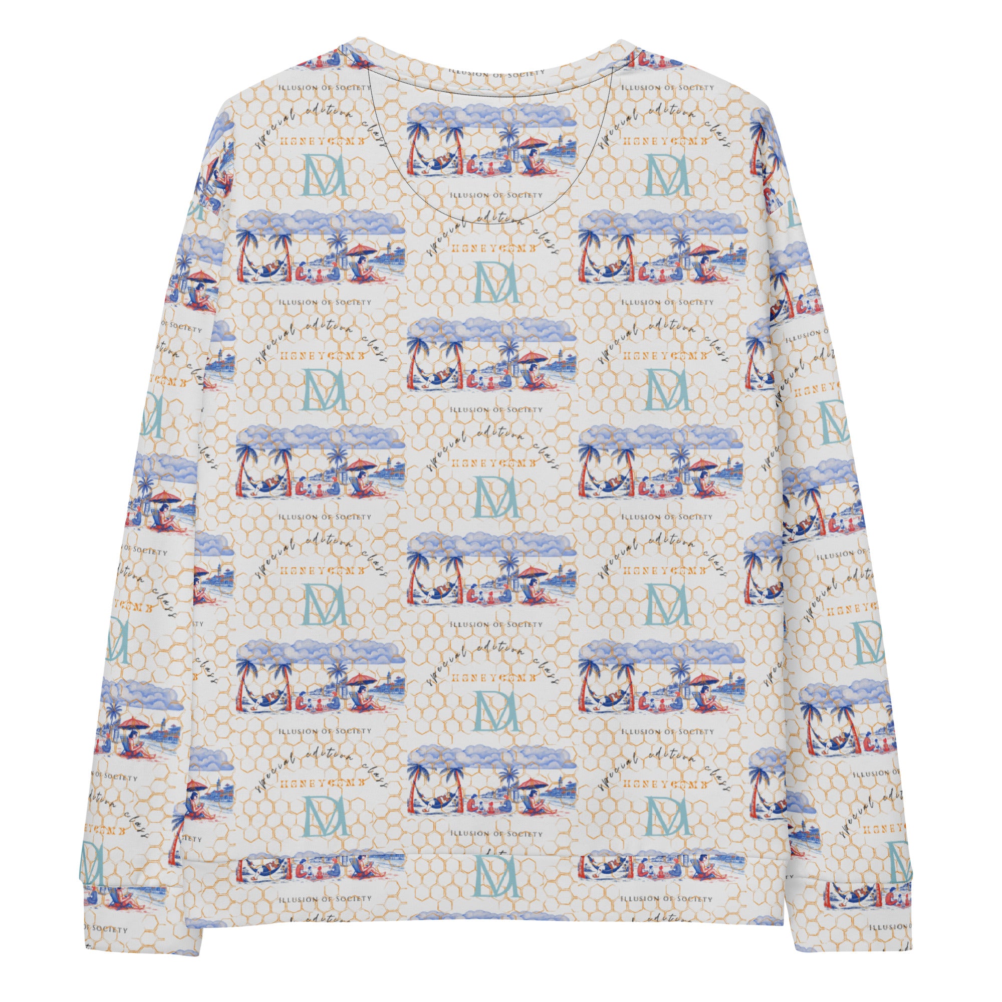 Recycled white Honeybee Intel forecast print unisex sweatshirt by Daemon Luxury, showing back view with all-over honeybee pattern.