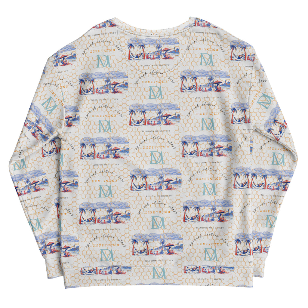 White Honeybee Intel (Forecast) unisex sweatshirt by Daemon Luxury with all-over honeybee print on recycled fabric.