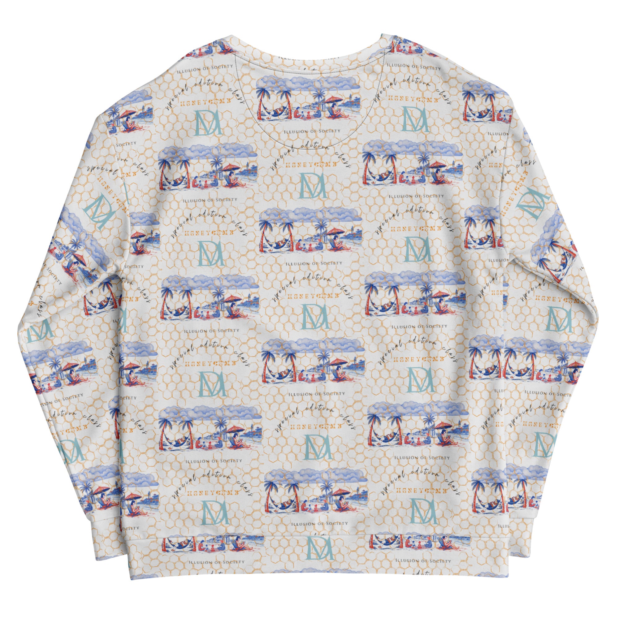White Honeybee Intel (Forecast) unisex sweatshirt by Daemon Luxury with all-over honeybee print on recycled fabric.