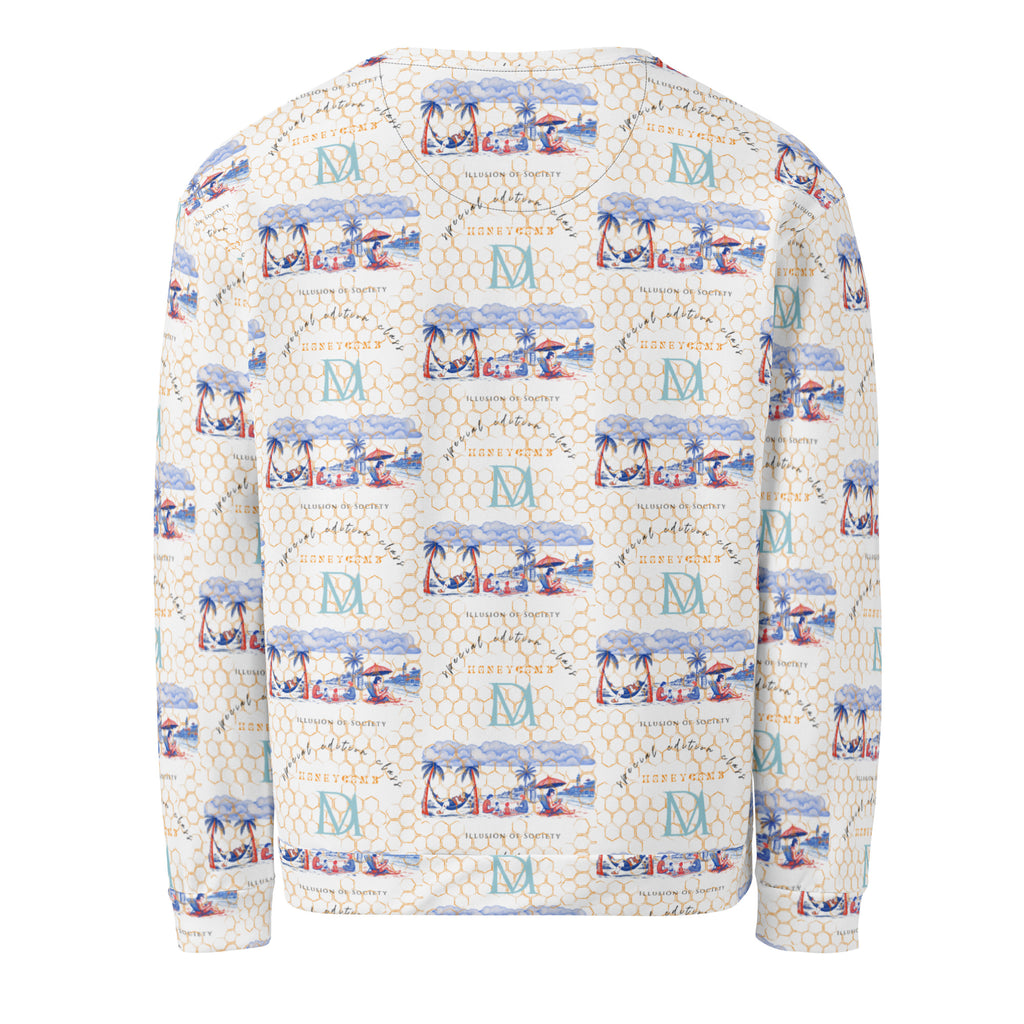 Recycled white unisex Honeybee Intel (Forecast) sweatshirt by Daemon Luxury with all-over print and back design.