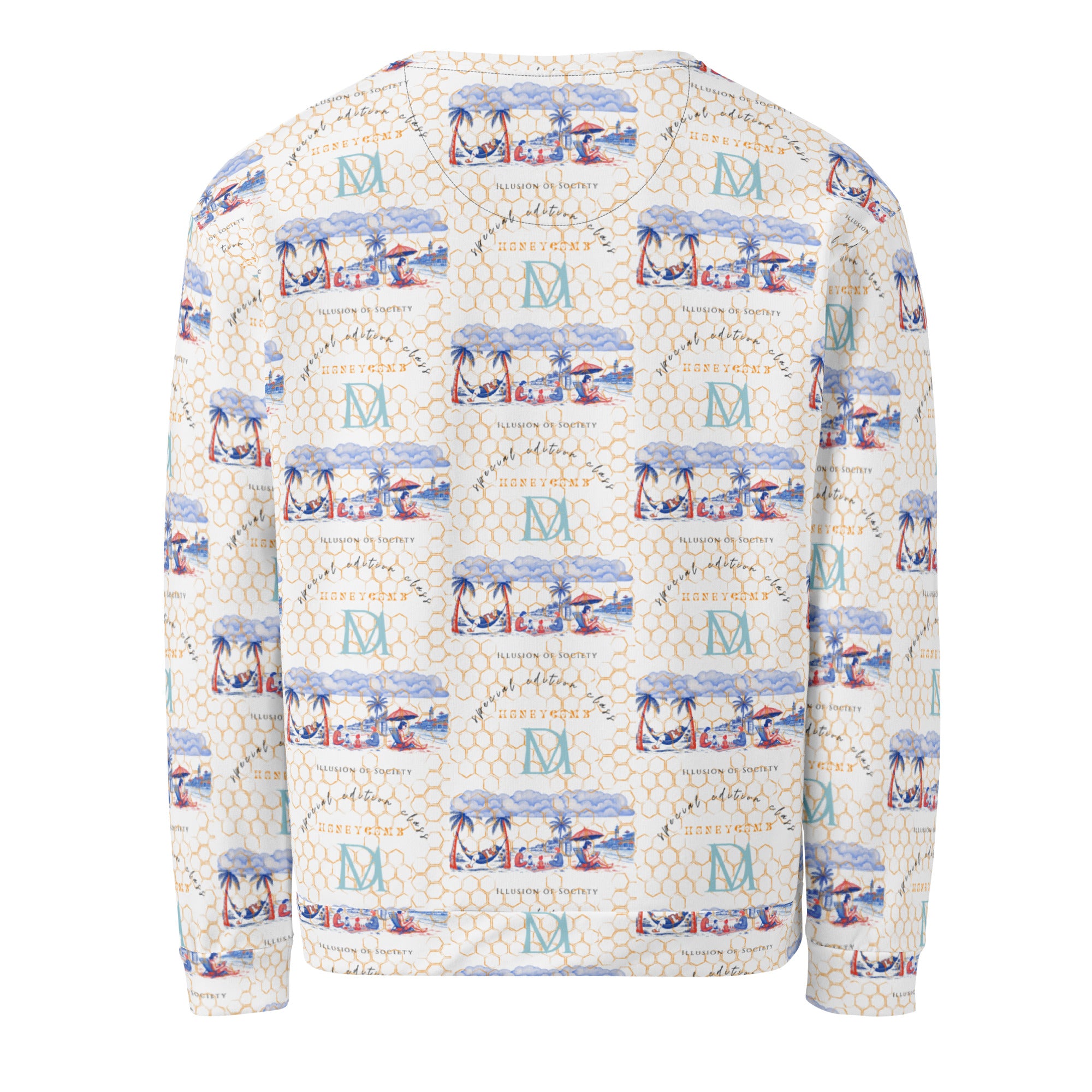 Recycled white unisex Honeybee Intel (Forecast) sweatshirt by Daemon Luxury with all-over print and back design.