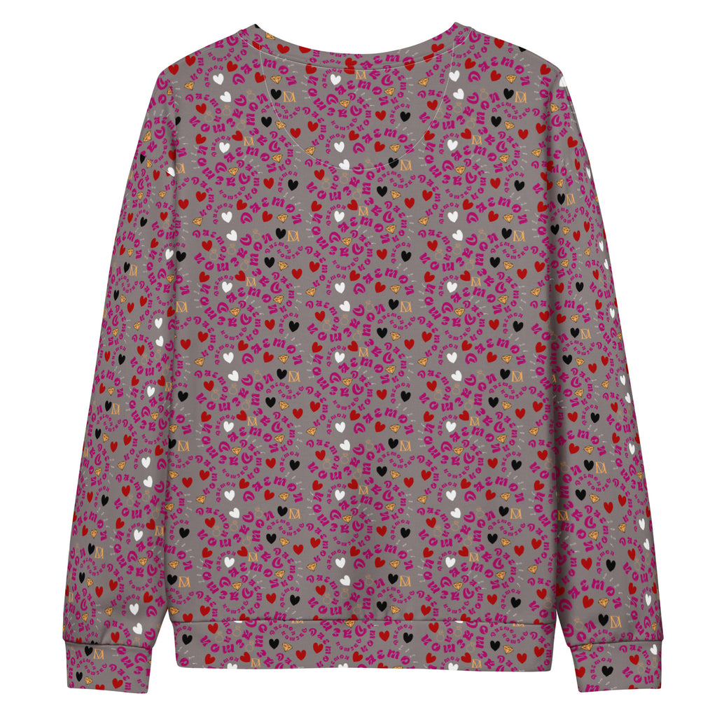 All-over-print white unisex sweatshirt by Daemon Luxury featuring recycled fabric and casual, comfortable style.