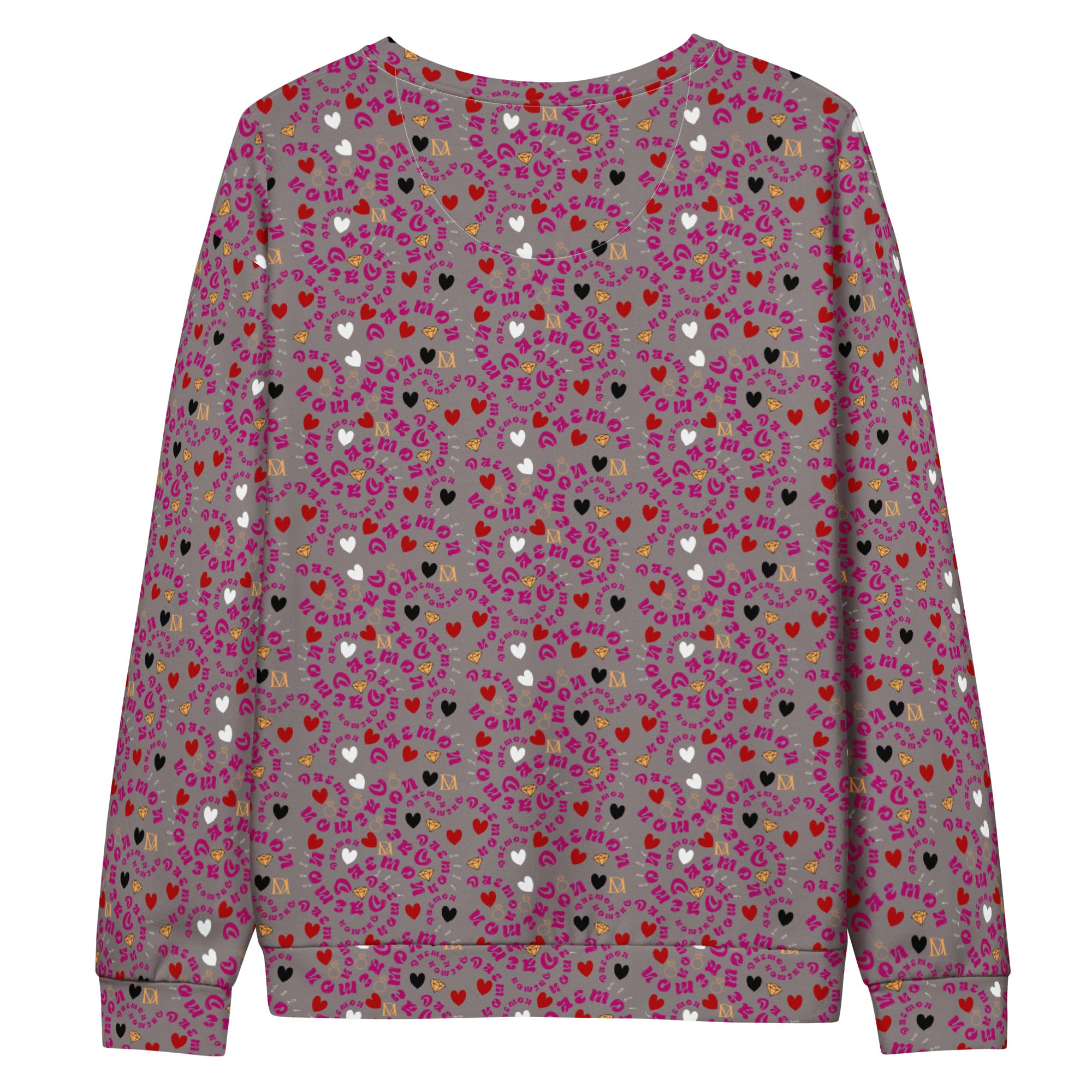 All-over-print white unisex sweatshirt by Daemon Luxury featuring recycled fabric and casual, comfortable style.