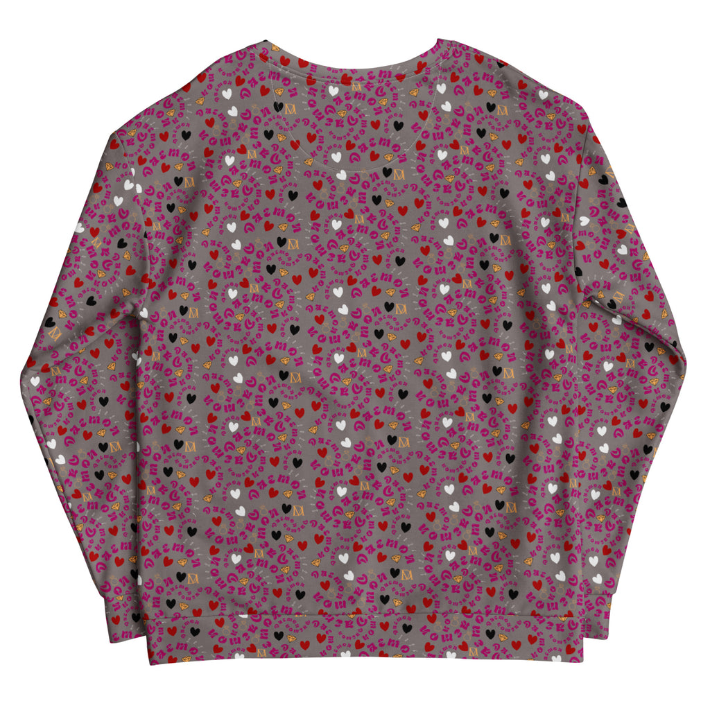 Recycled white unisex sweatshirt by Daemon Luxury with all-over print, shown from the back. Comfortable, eco-friendly casual wear.