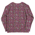 Recycled white unisex sweatshirt by Daemon Luxury with all-over print, shown from the back. Comfortable, eco-friendly casual wear.
