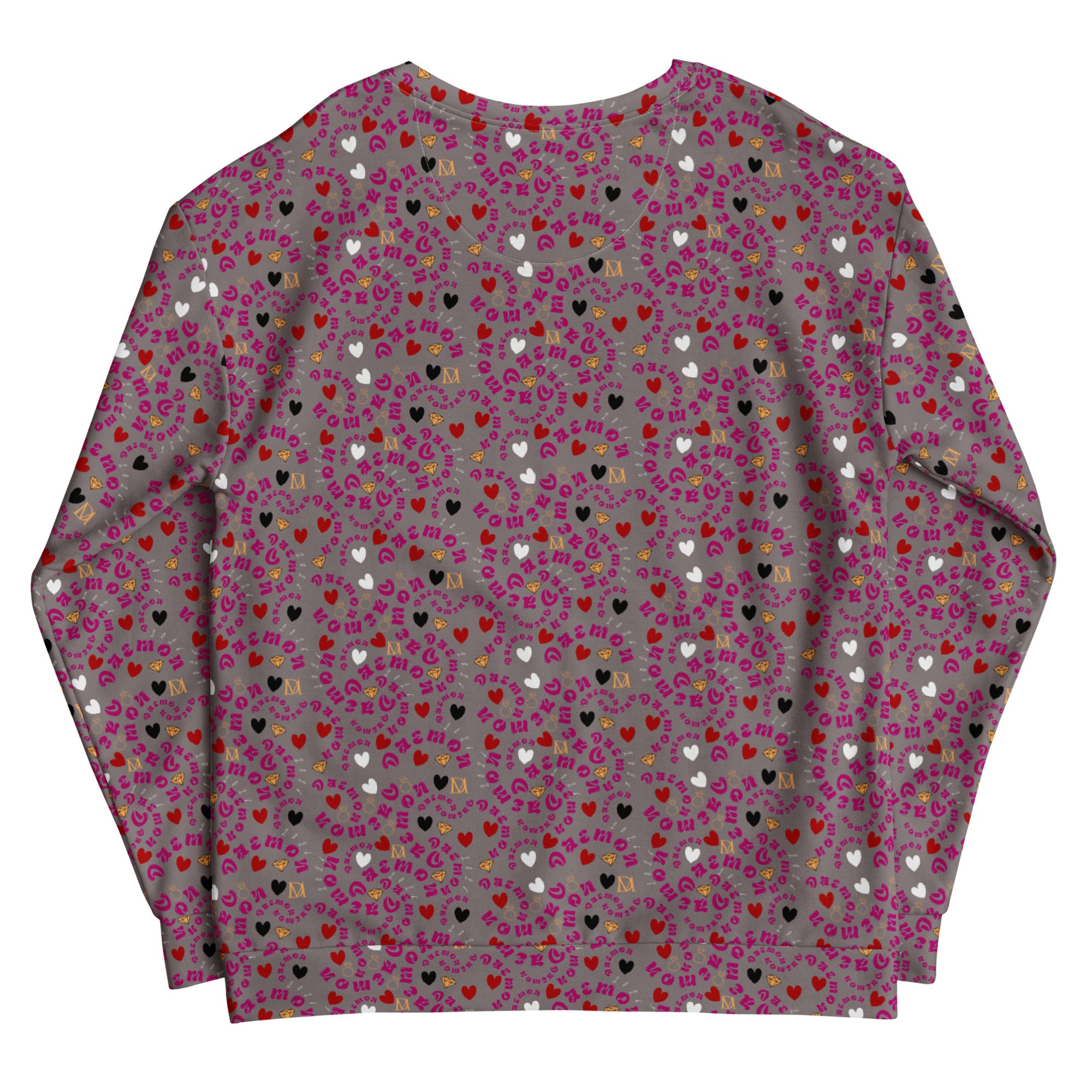 Recycled white unisex sweatshirt by Daemon Luxury with all-over print, shown from the back. Comfortable, eco-friendly casual wear.