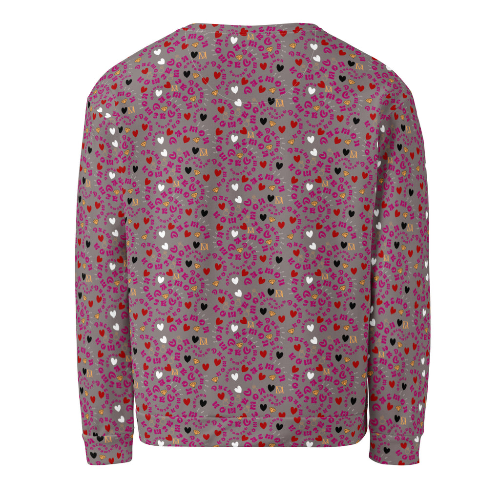 All-over-print recycled white unisex sweatshirt by Daemon Luxury, shown from the back with vibrant design details
