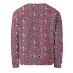 All-over-print recycled white unisex sweatshirt by Daemon Luxury, shown from the back with vibrant design details