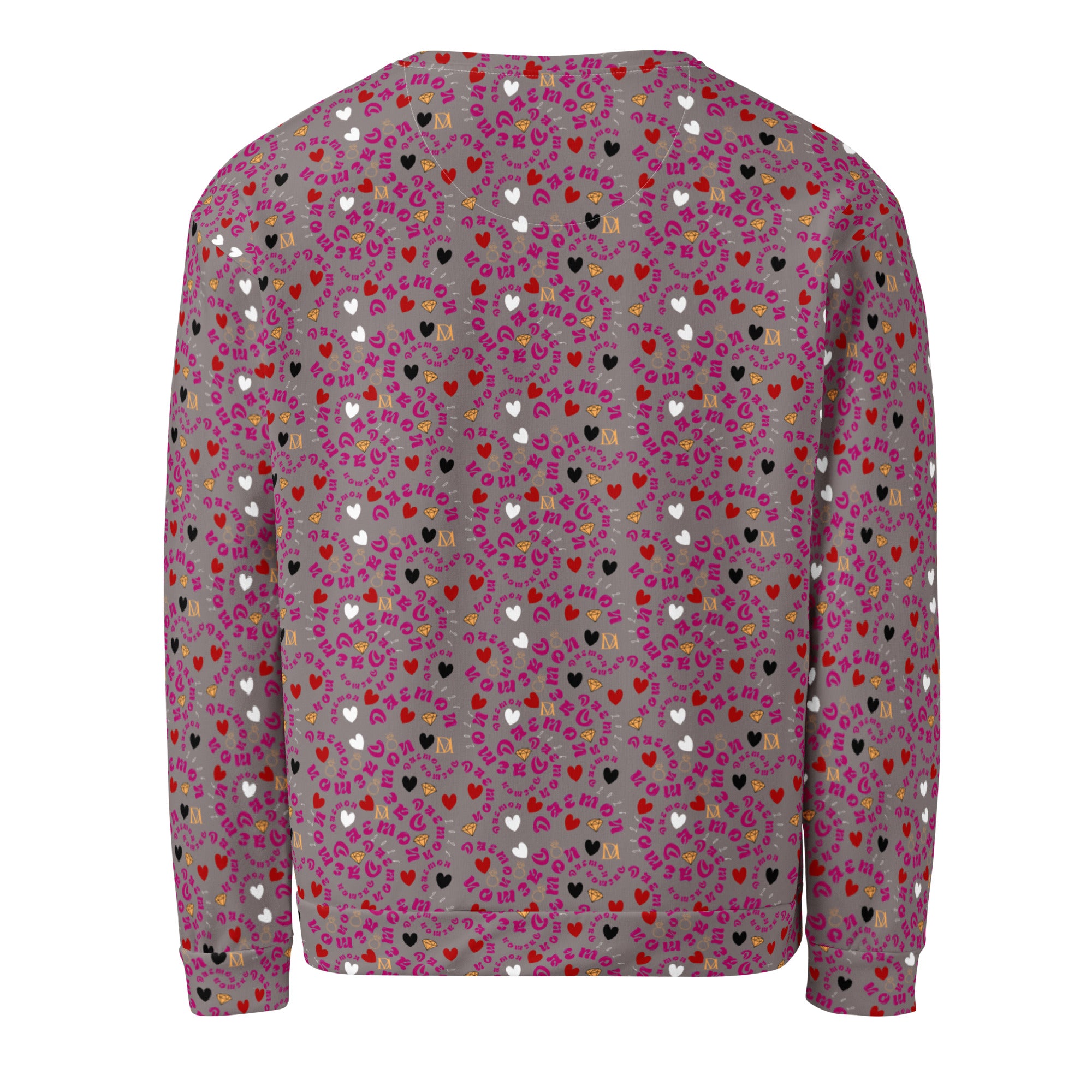 All-over-print recycled white unisex sweatshirt by Daemon Luxury, shown from the back with vibrant design details