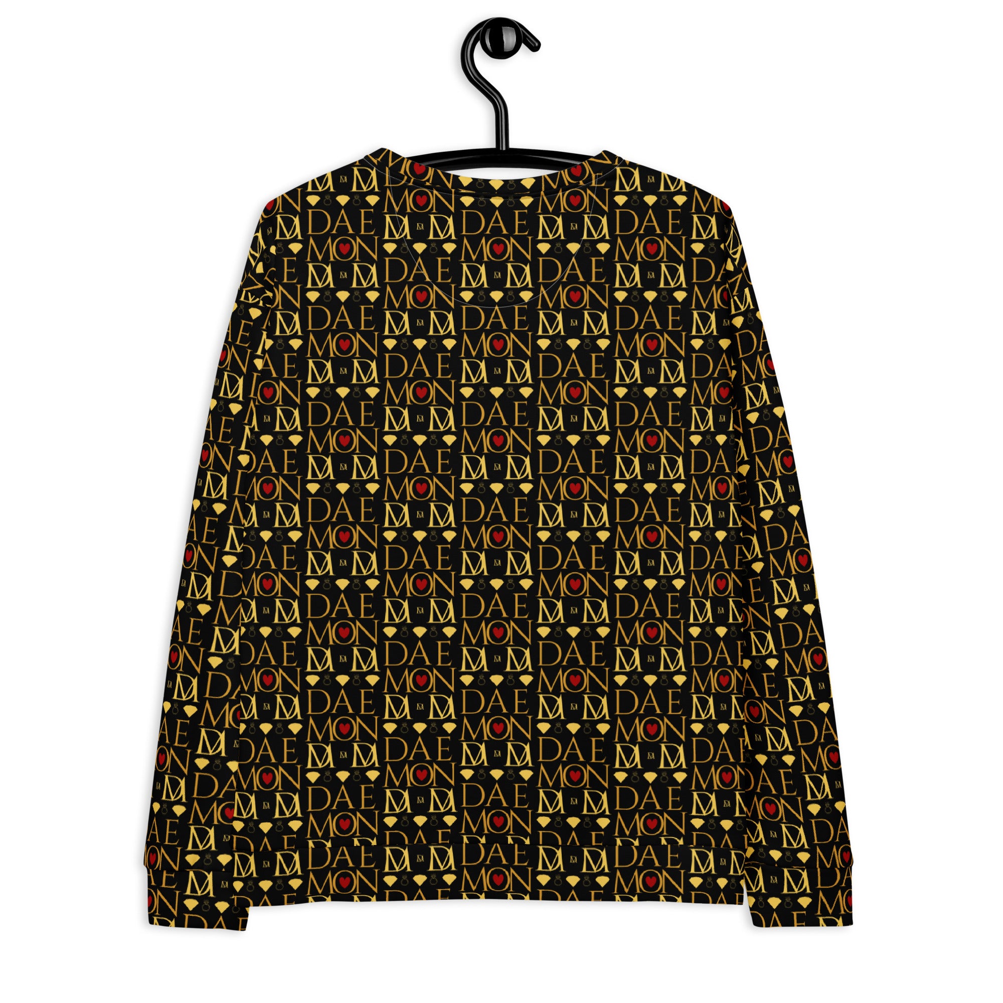 Recycled white unisex sweatshirt with Sun Glow California all-over print by Daemon Luxury, showing back view.
