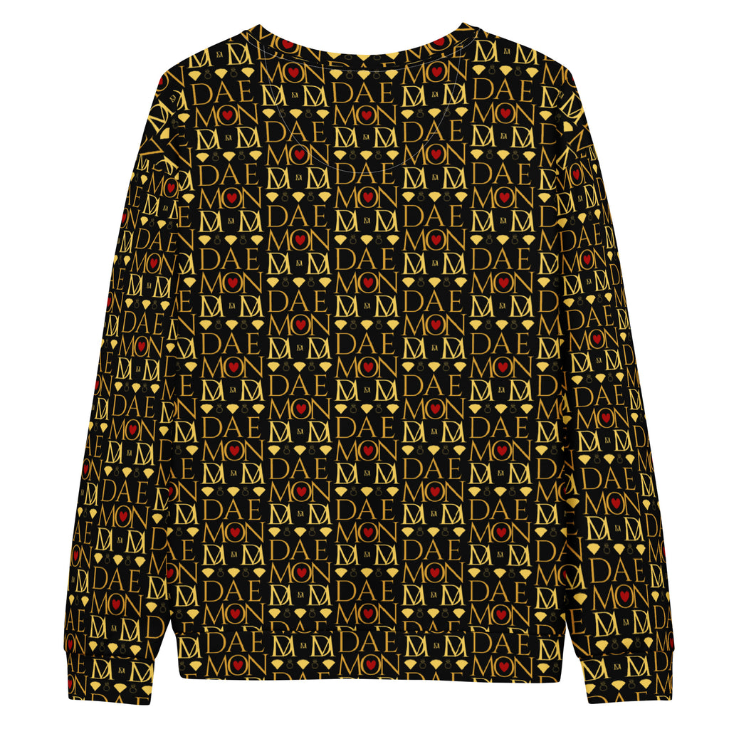 Recycled white unisex sweatshirt with Sun Glow California all-over print by Daemon Luxury, showing back view.