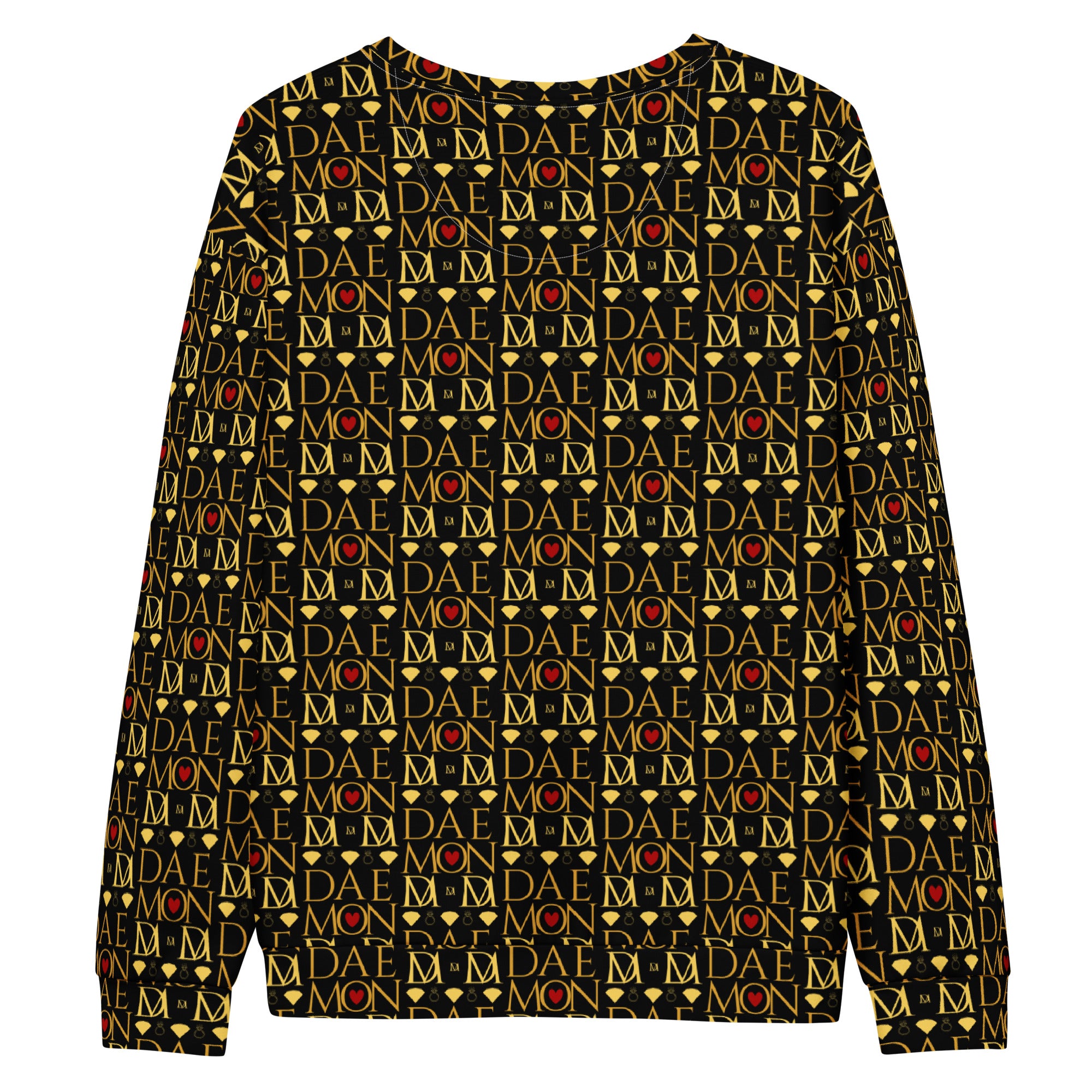 Recycled white unisex sweatshirt with Sun Glow California all-over print by Daemon Luxury, showing back view.