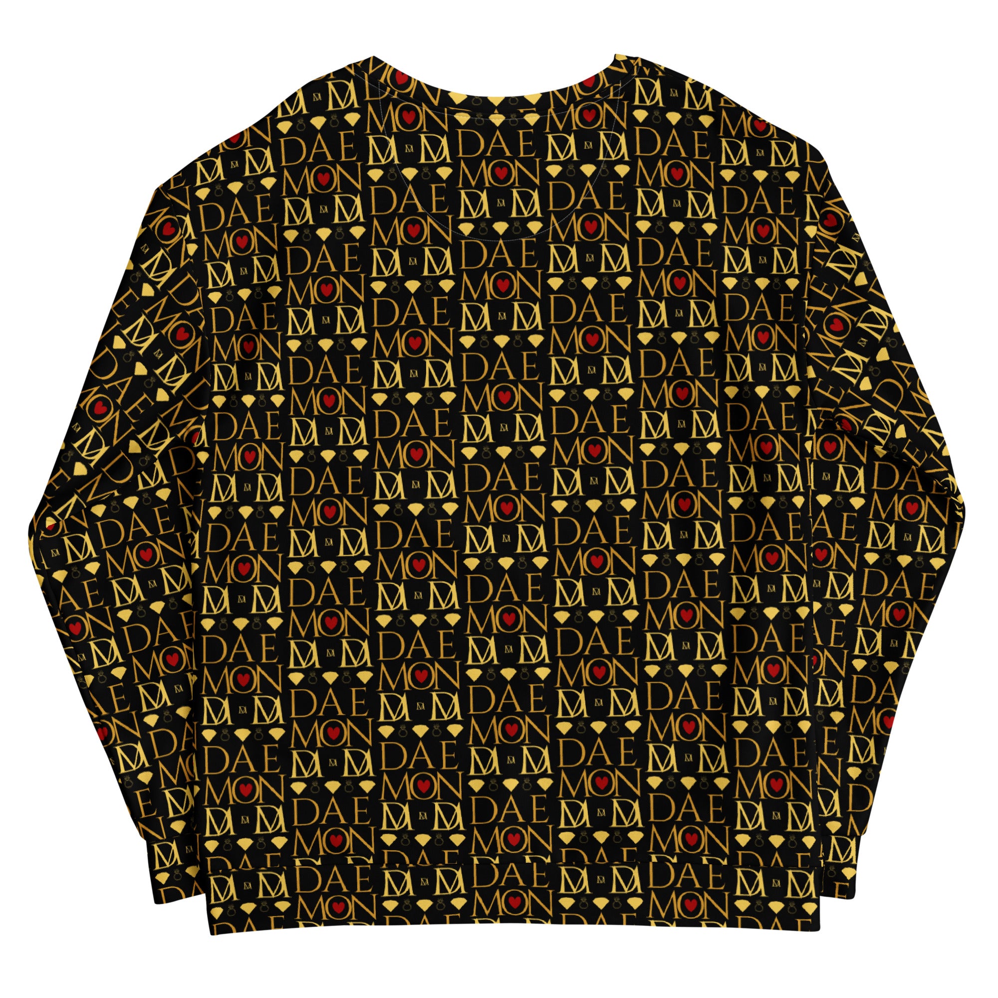 Daemon Luxury Sun Glow California unisex recycled sweatshirt with all-over print, white background and back view.