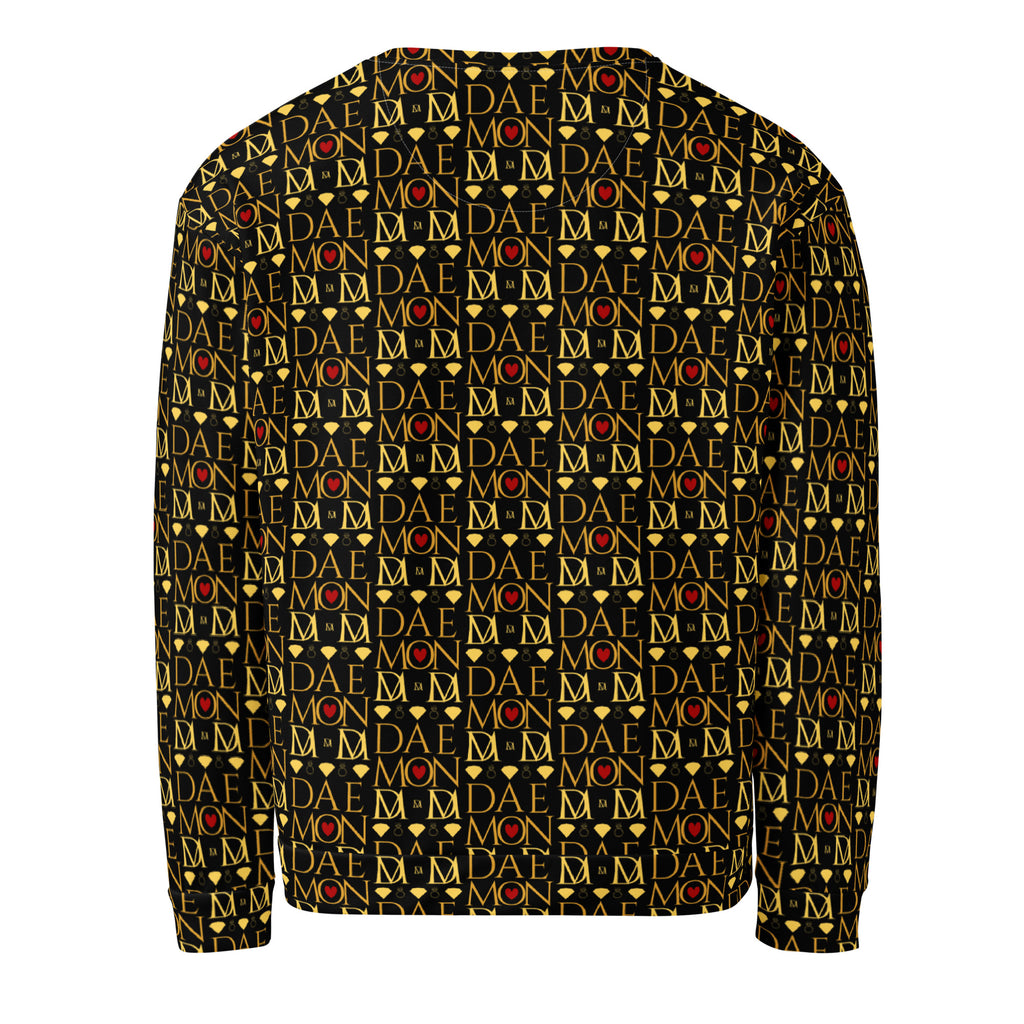 Recycled white unisex sweatshirt featuring Sun Glow California all-over print from Daemon Luxury, shown from the back.
