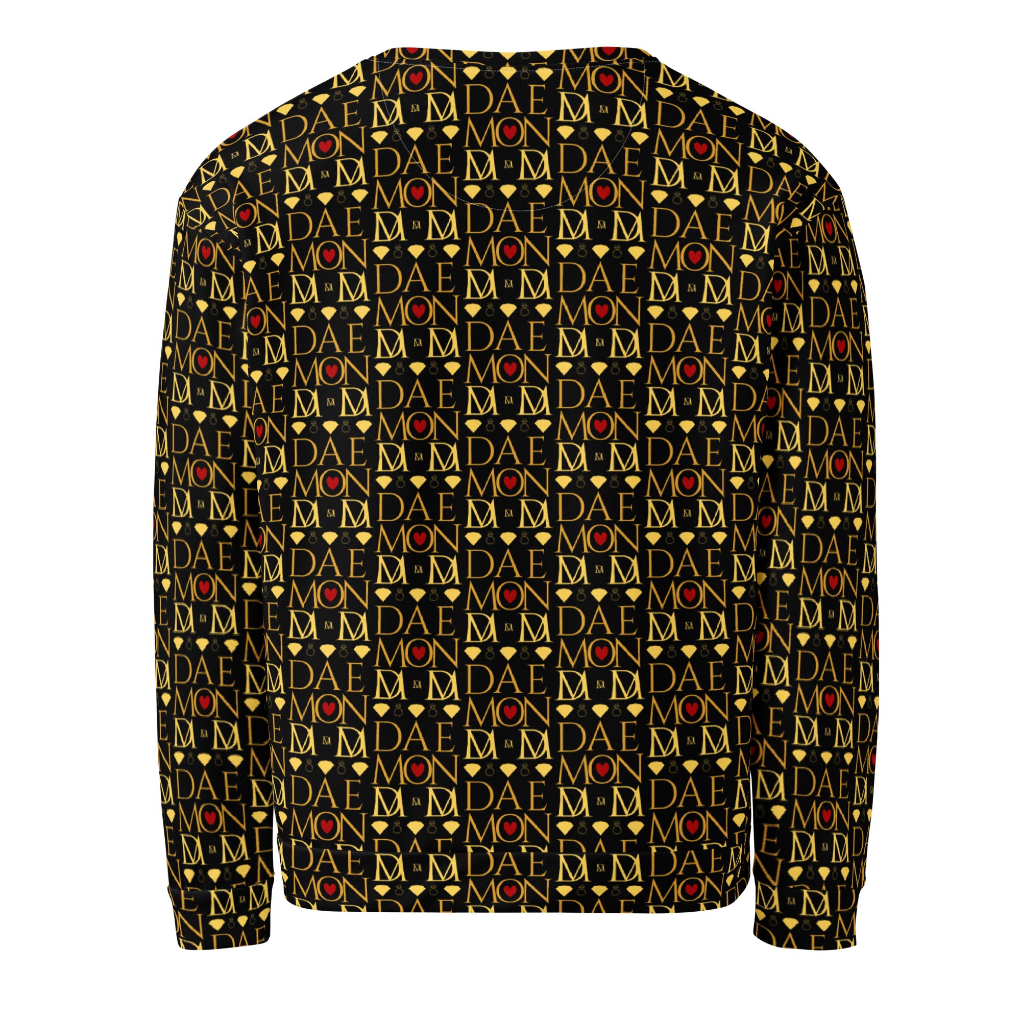 Recycled white unisex sweatshirt featuring Sun Glow California all-over print from Daemon Luxury, shown from the back.