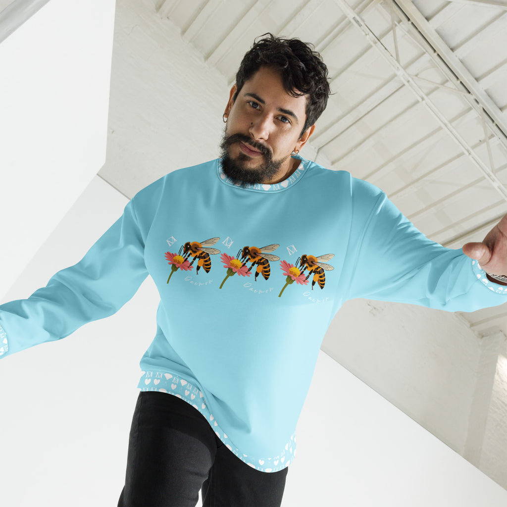 Daemon Luxury Honeybee Smoothie Skyberries unisex recycled all-over-print sweatshirt in white, front view showing vibrant design.