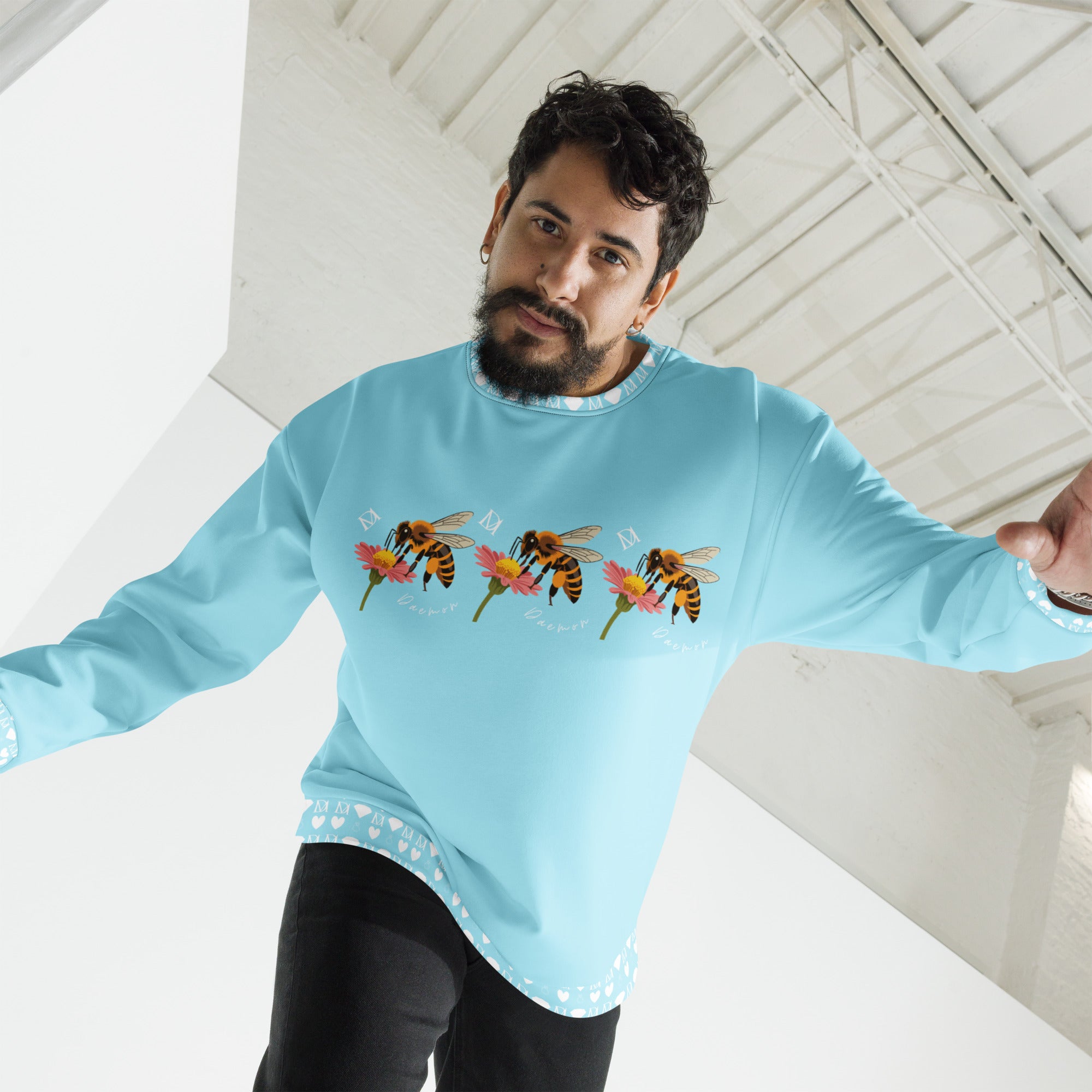 Daemon Luxury Honeybee Smoothie Skyberries unisex recycled all-over-print sweatshirt in white, front view showing vibrant design.