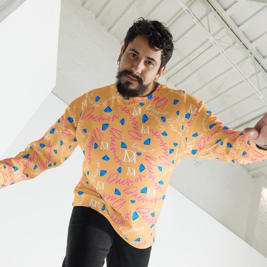 All-over-print recycled white unisex sweatshirt featuring Picasso Mirrors Quintara’s Sunset design by Daemon Luxury.