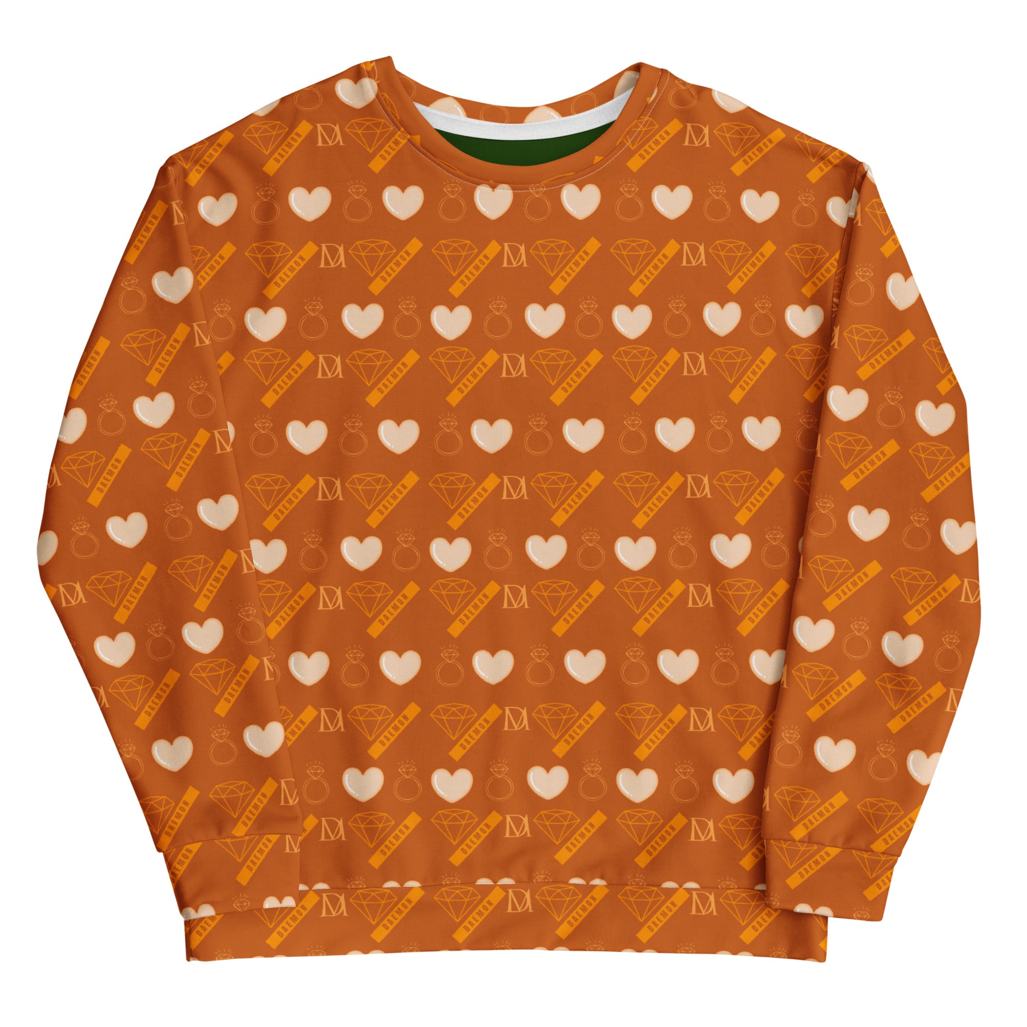Daemon Gloomy Runner Honey unisex sweatshirt with all-over-print recycled fabric, white color and comfortable fit.