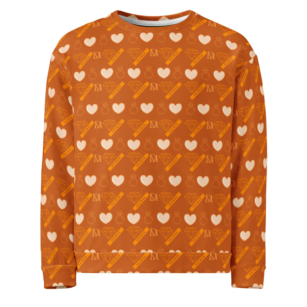 White Daemon Gloomy Runner Honey unisex sweatshirt with all-over printed recycled fabric front view.