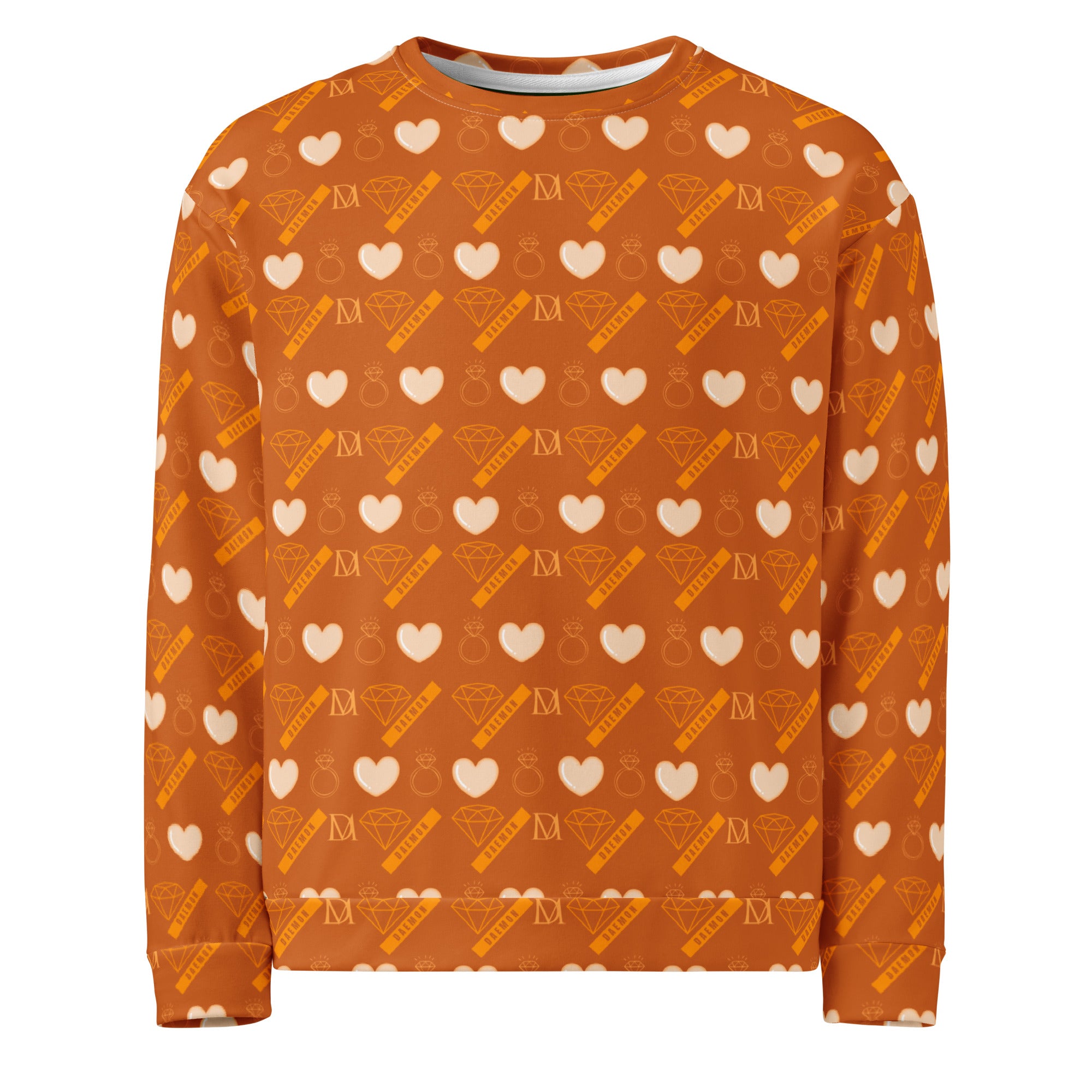 White Daemon Gloomy Runner Honey unisex sweatshirt with all-over printed recycled fabric front view.