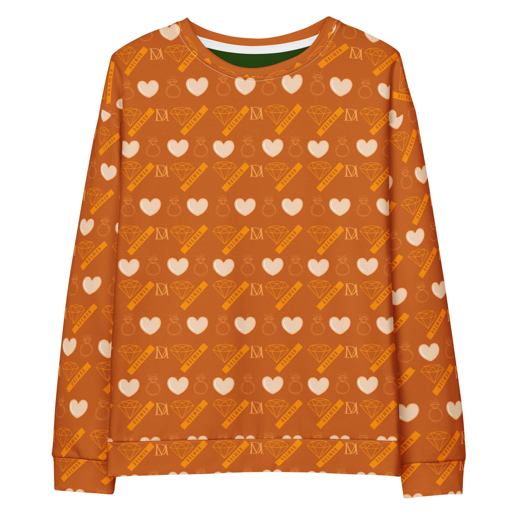 White Daemon Gloomy Runner Honey unisex recycled sweatshirt with all-over print, featuring a bold, artistic design on the front.