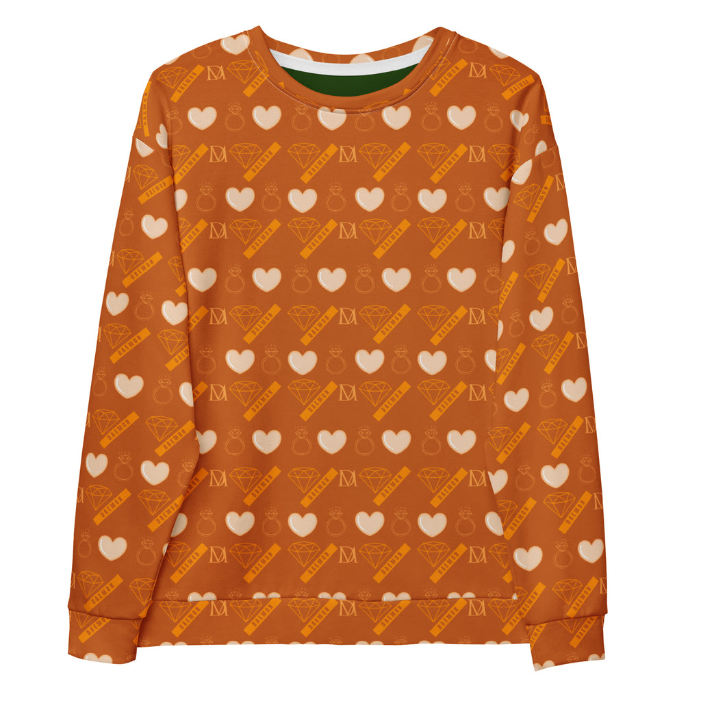 Daemon Gloomy Runner Honey unisex recycled sweatshirt with all-over print, white front view showing vibrant design and comfortable fit.