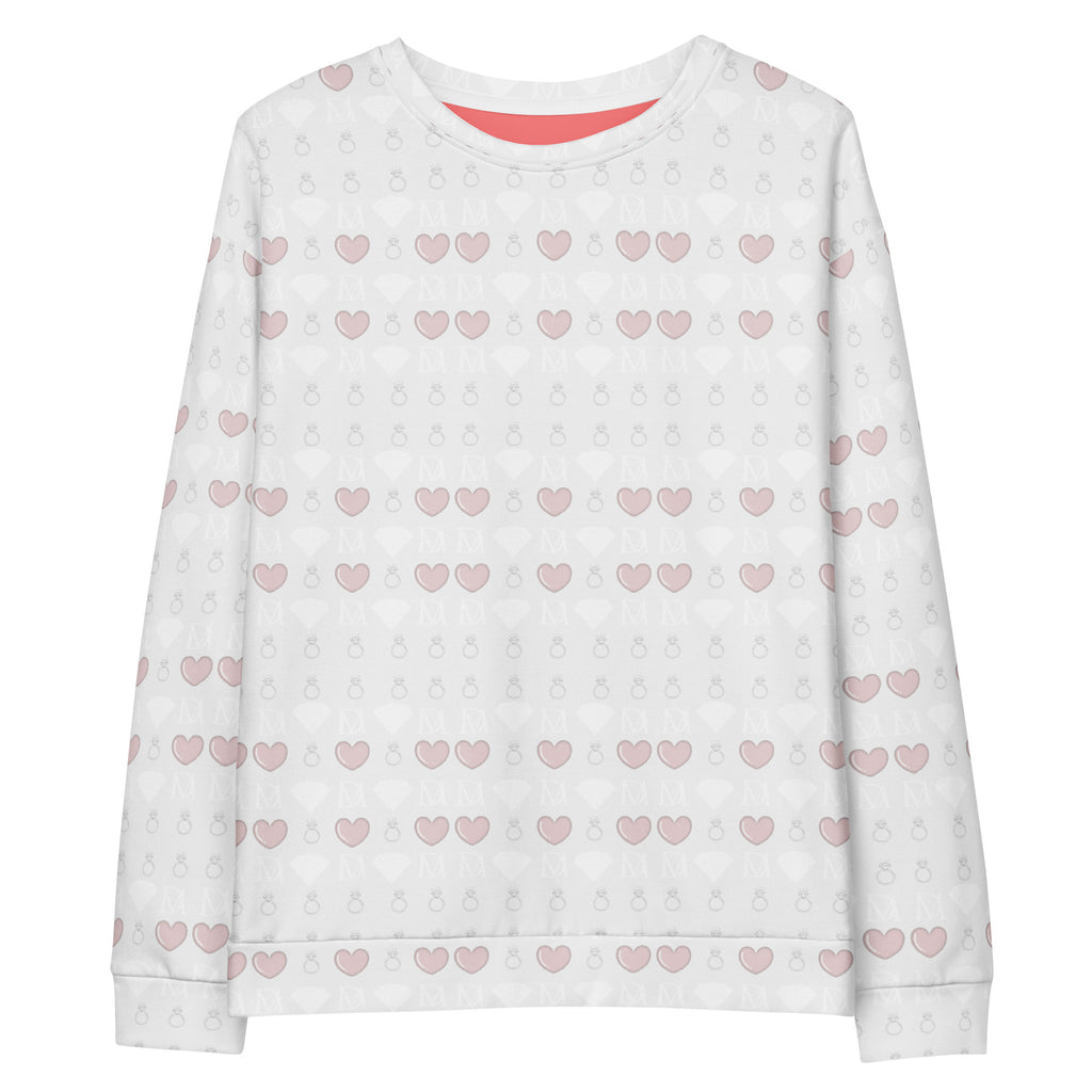 White unisex fleece sweatshirt featuring all-over frosted diamonds Blissful Replay print by Daemon, casual and stylish.