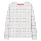 White unisex fleece sweatshirt featuring all-over frosted diamonds Blissful Replay print by Daemon, casual and stylish.