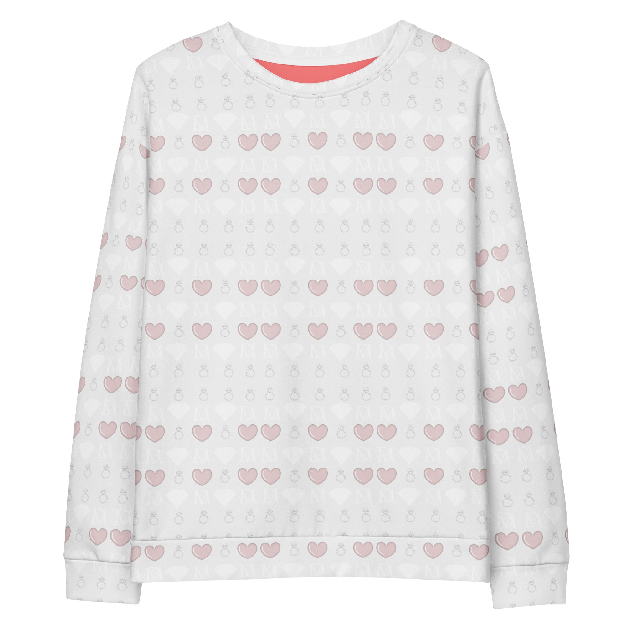 White unisex fleece sweatshirt featuring all-over frosted diamonds Blissful Replay print by Daemon, casual and stylish.