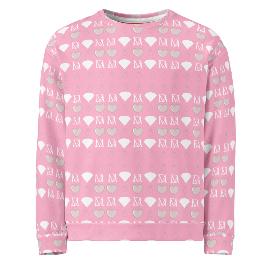 Daemon Frosted Diamonds Cotton Candy Cinzel unisex sweatshirt with all-over recycled print on white background.