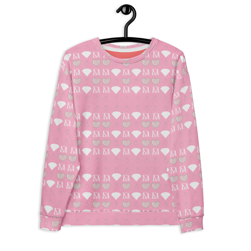 White Daemon Frosted Diamonds cotton candy Cinzel unisex sweatshirt with all-over recycled print, front view.