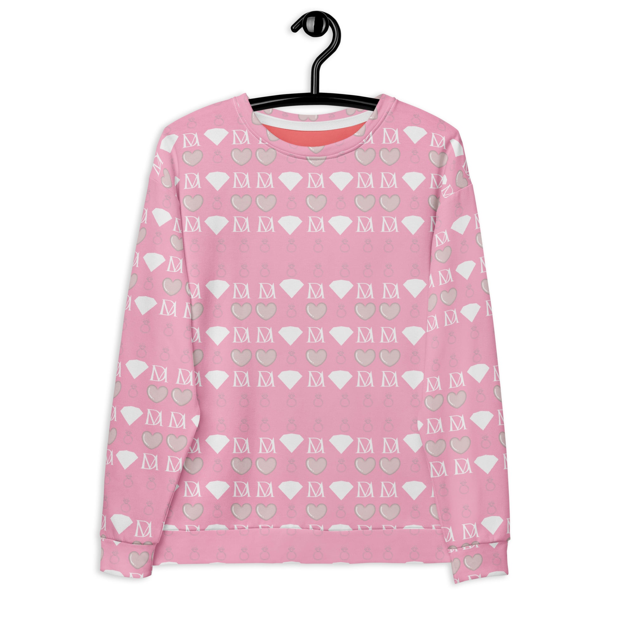 White Daemon Frosted Diamonds cotton candy Cinzel unisex sweatshirt with all-over recycled print, front view.