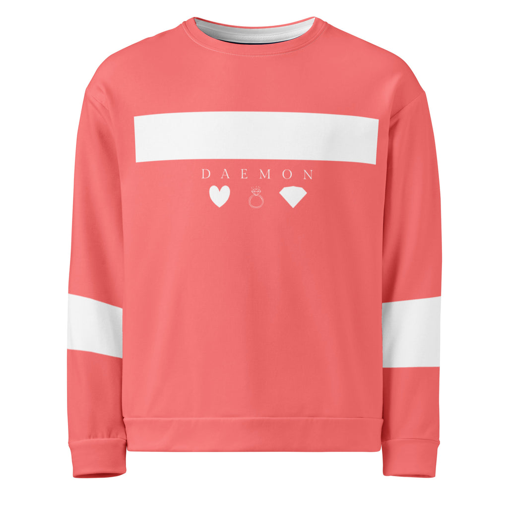 Unisex white Daemon SACHI BANS felpa sweatshirt with all-over colorful print and recycled fabric, front view.