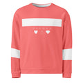 Unisex white Daemon SACHI BANS felpa sweatshirt with all-over colorful print and recycled fabric, front view.