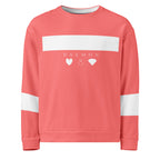 Unisex white Daemon SACHI BANS felpa sweatshirt with all-over colorful print and recycled fabric, front view.