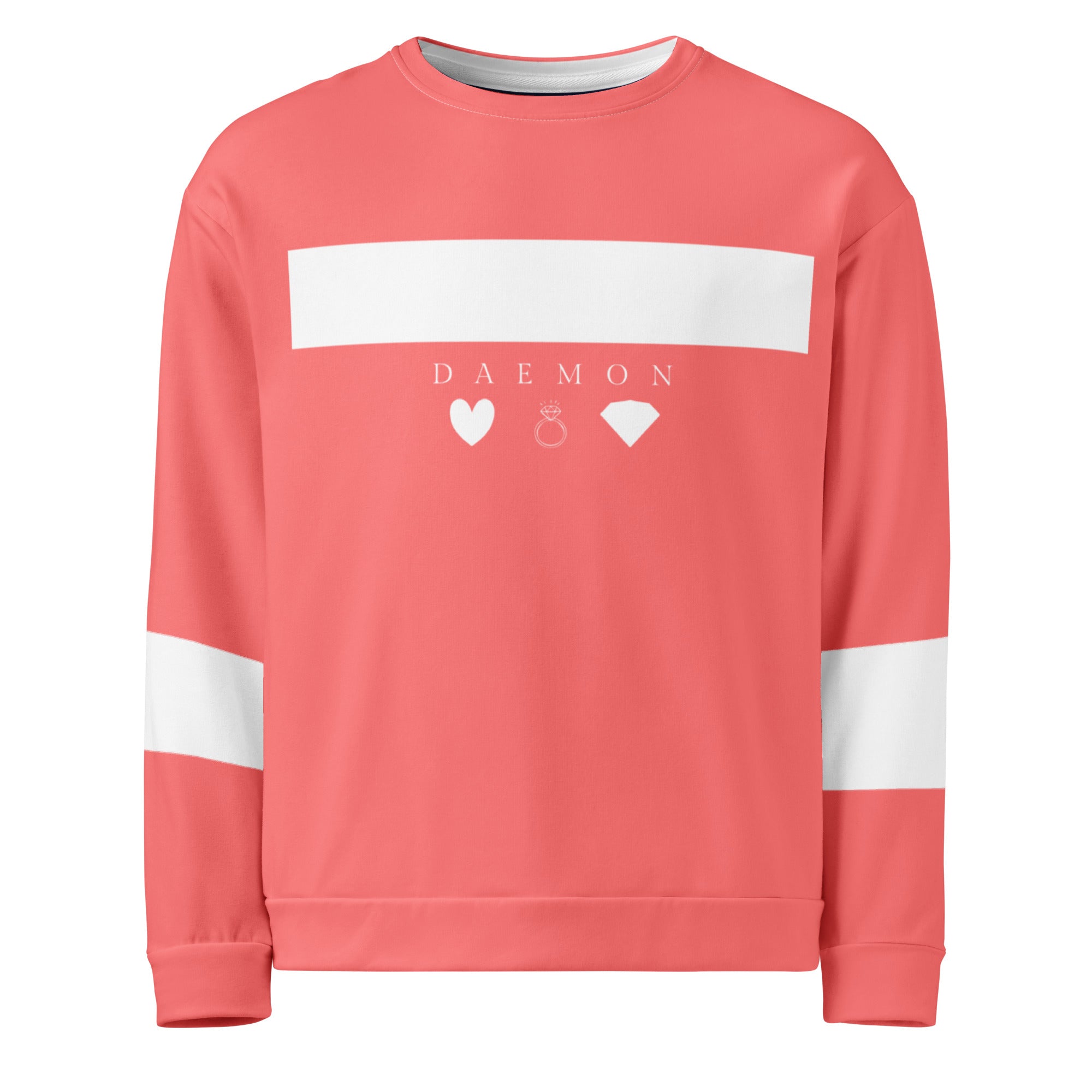 Unisex white Daemon SACHI BANS felpa sweatshirt with all-over colorful print and recycled fabric, front view.