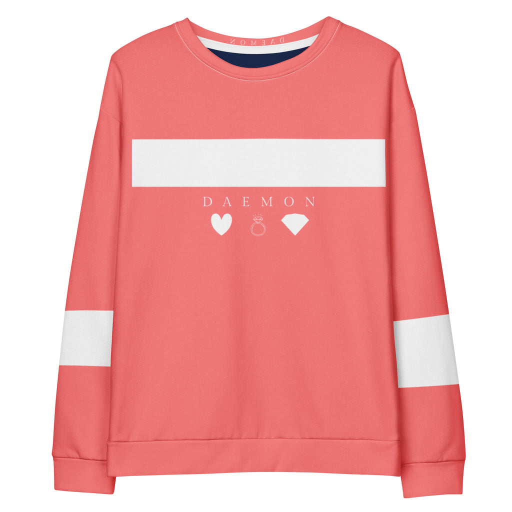 White Daemon SACHI BANS unisex sweatshirt with all-over recycled print, featuring a casual, comfortable fit.