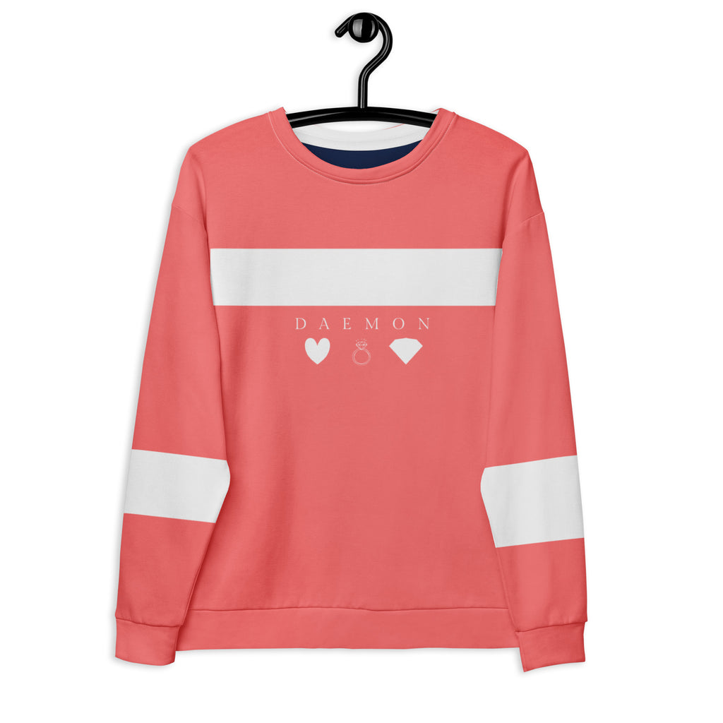Unisex Daemon SACHI BANS recycled white sweatshirt with all-over colorful print, front view.