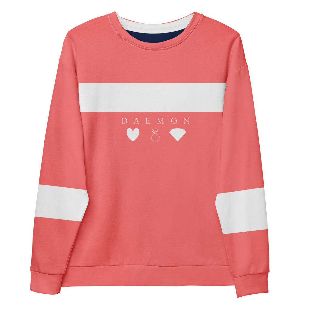 White Daemon SACHI BANS unisex recycled sweatshirt with all-over print front view.