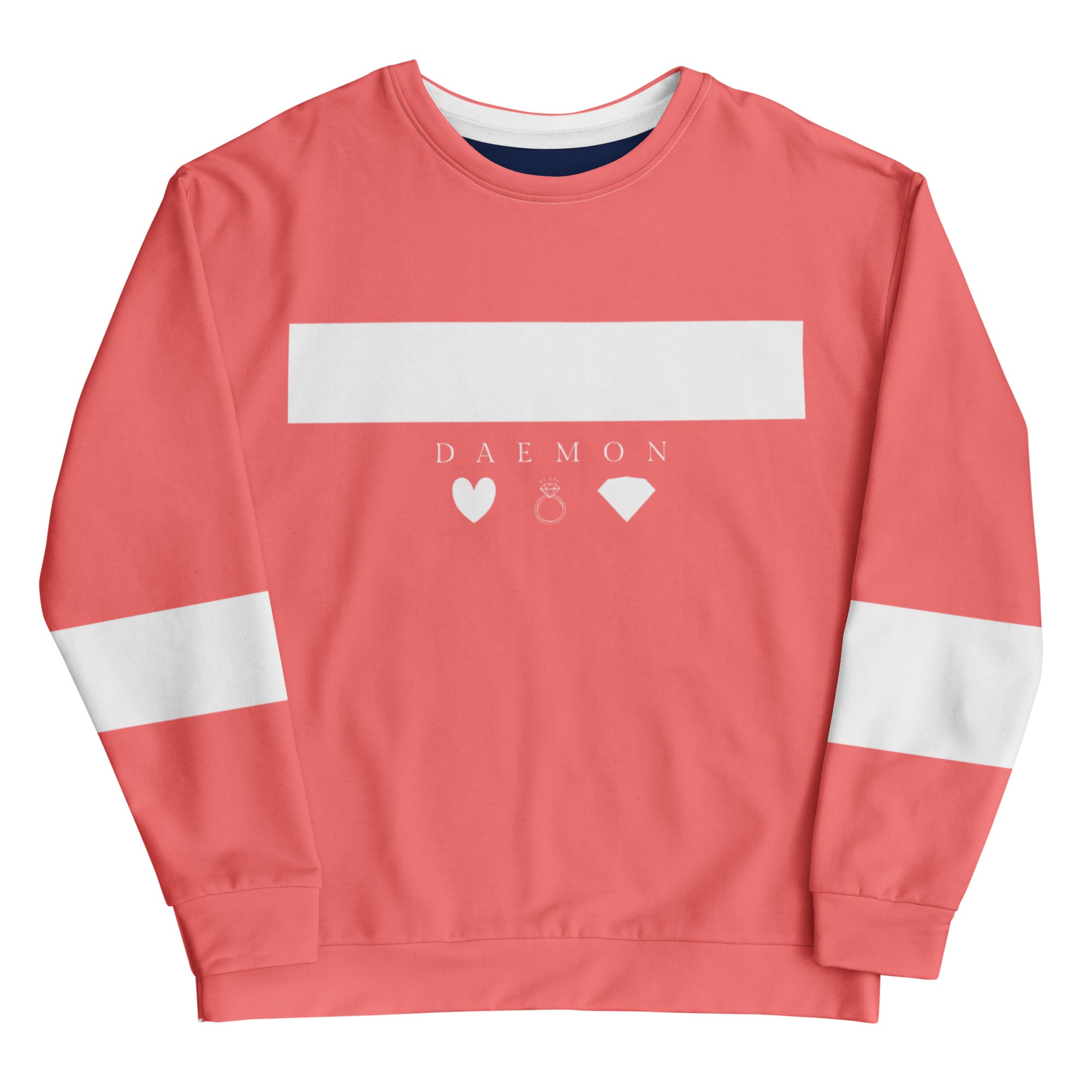 White Daemon SACHI BANS unisex sweatshirt with all-over colorful recycled print and casual fit.