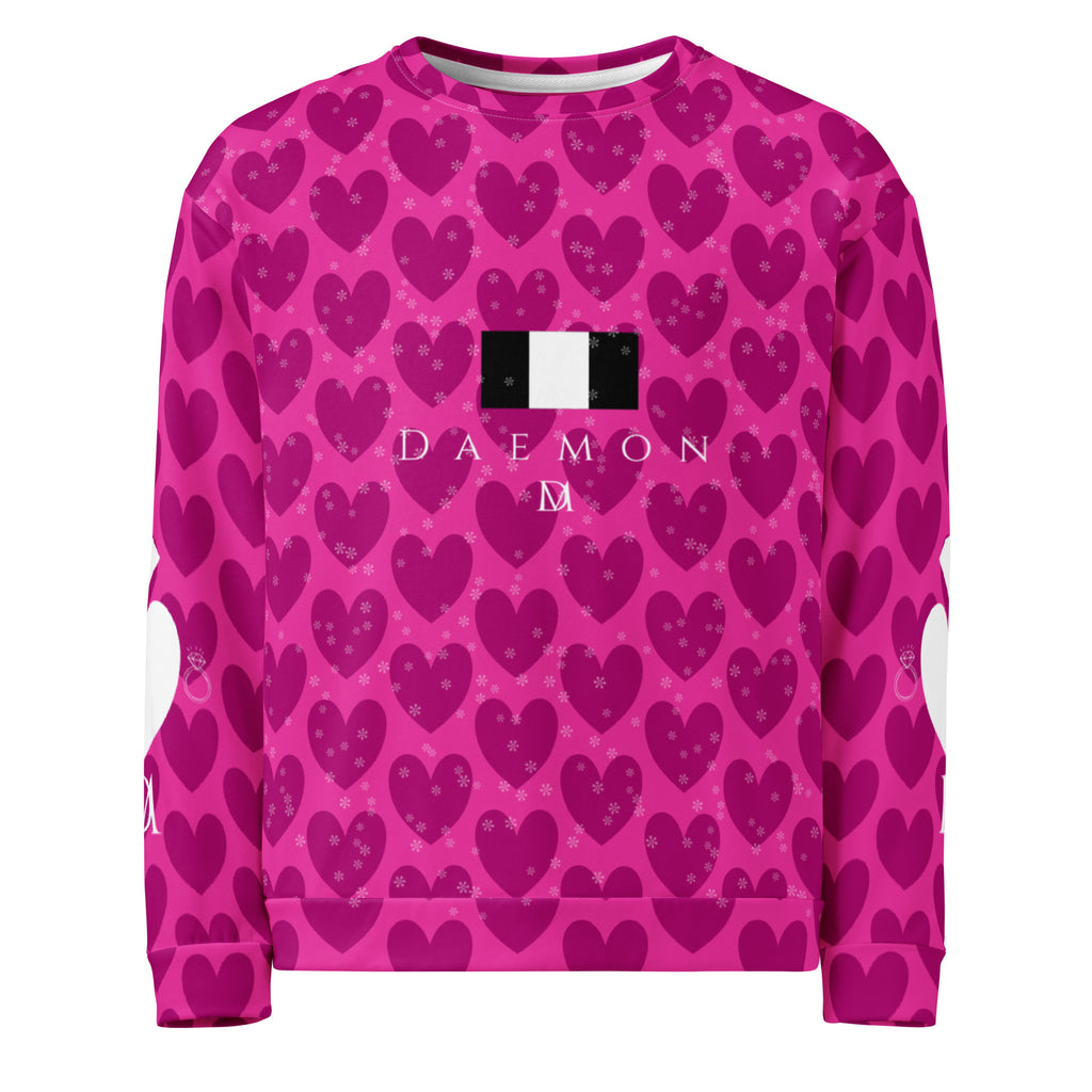 Recycled unisex sweatshirt by Daemon Luxury with all-over magenta frost spade print on white front.