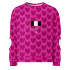 Recycled unisex sweatshirt by Daemon Luxury with all-over magenta frost spade print on white front.