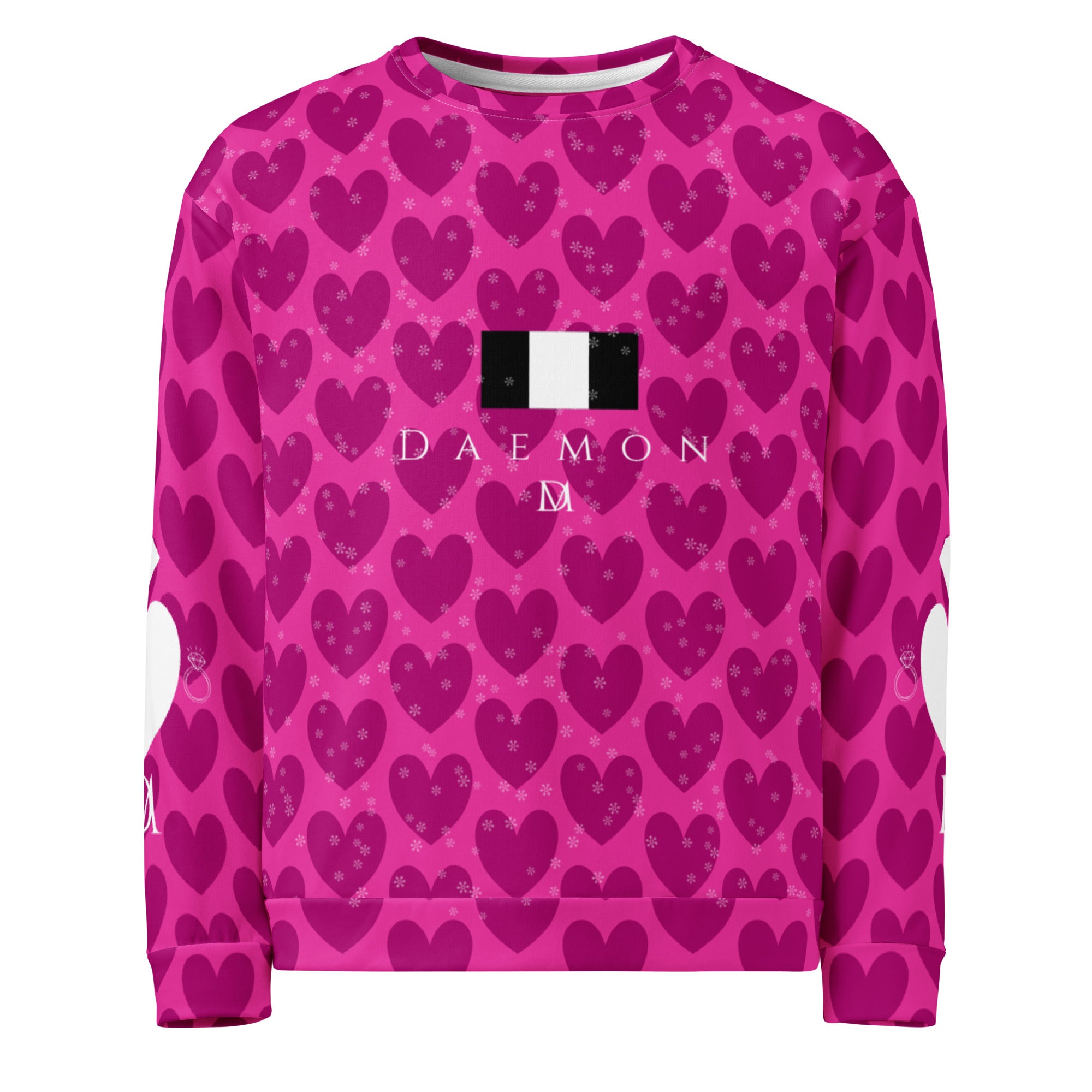 Recycled unisex sweatshirt by Daemon Luxury with all-over magenta frost spade print on white front.