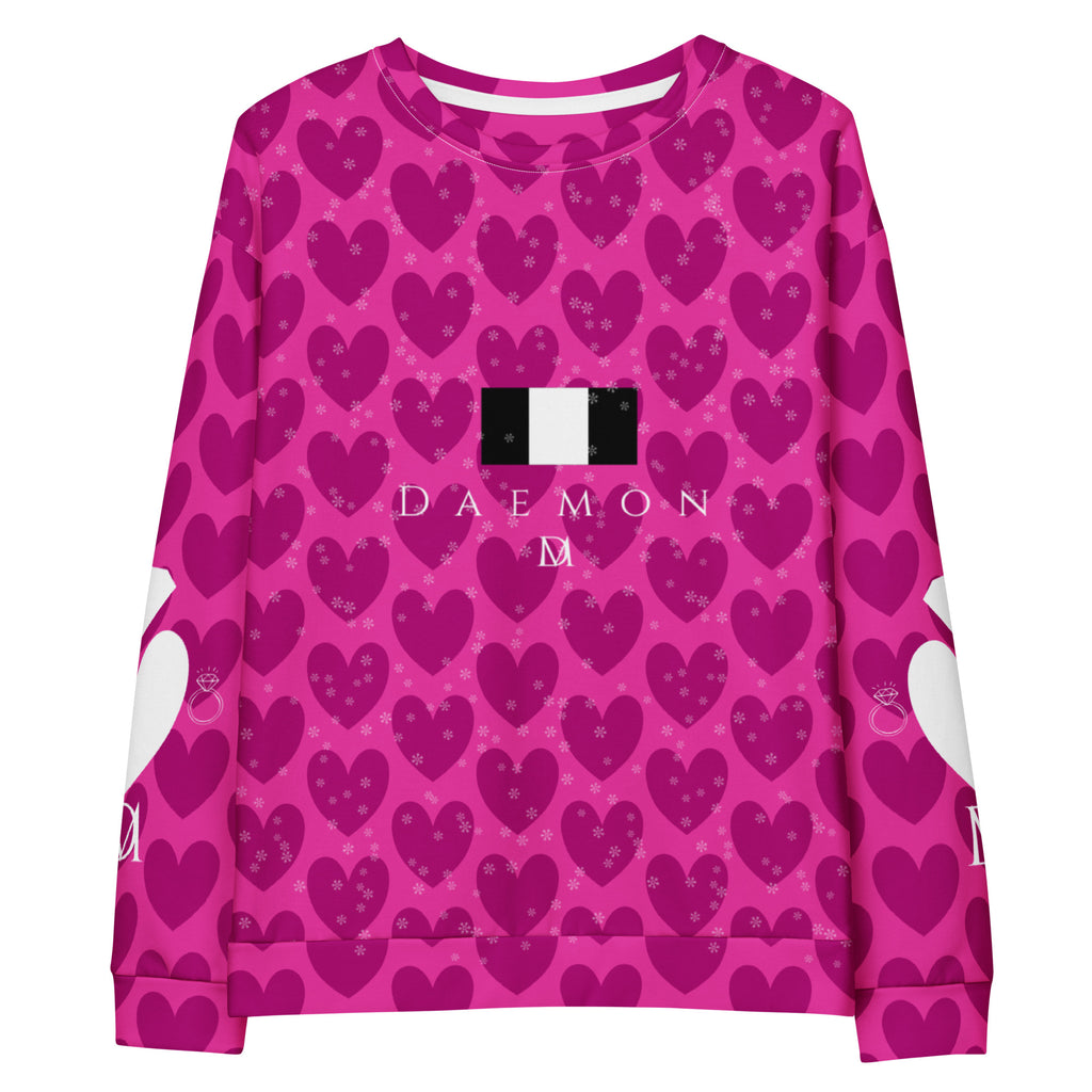 Recycled unisex white sweatshirt with all-over magenta frost spade and Daemon Luxury branding on the front.