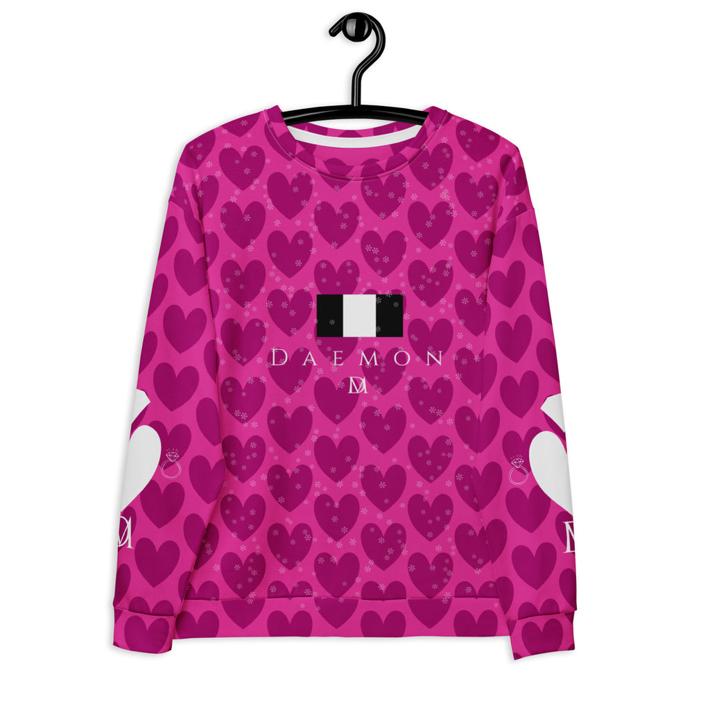 Recycled white unisex sweatshirt with all-over magnetic spade magenta frost print from Daemon Luxury, featuring a hood and front design.