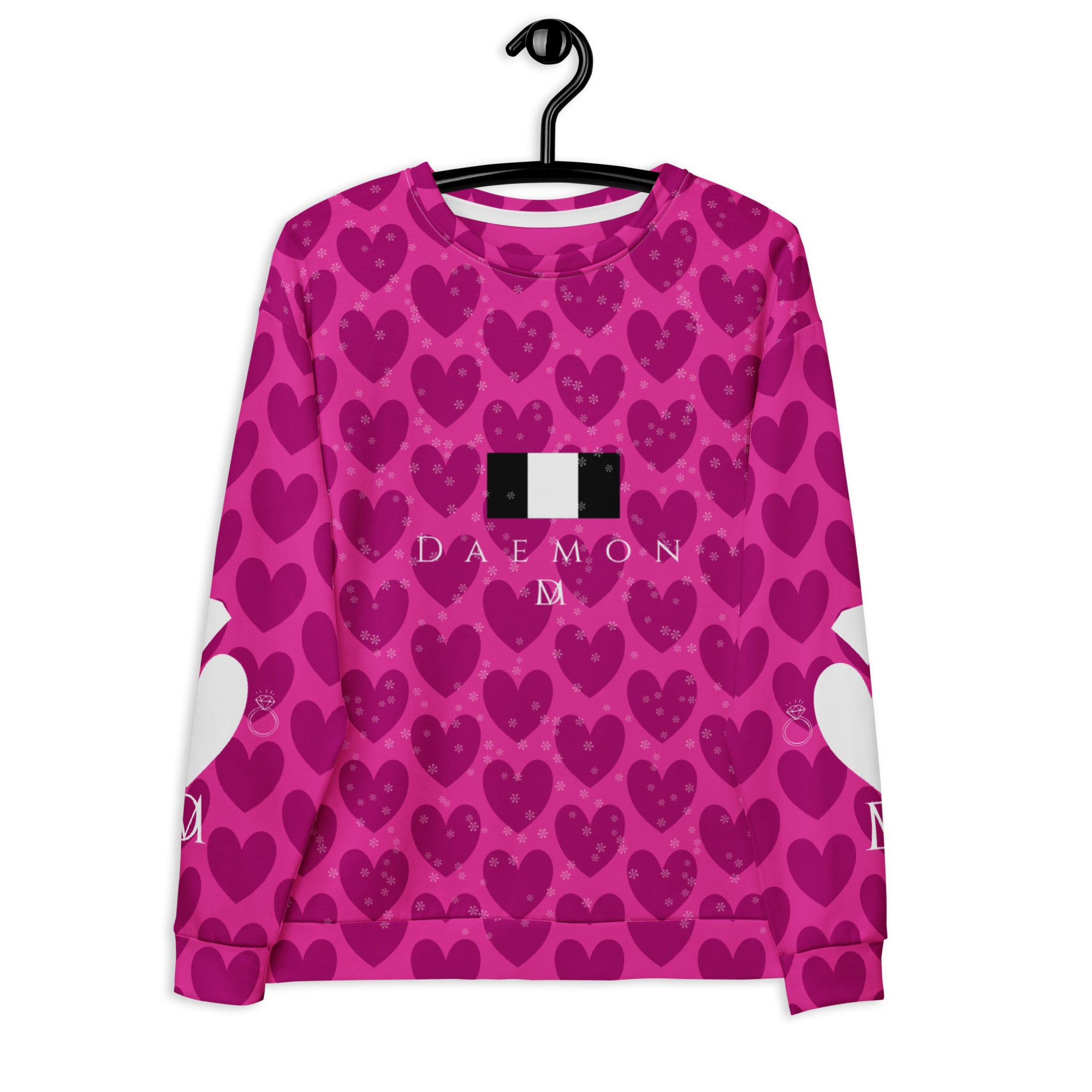 Recycled white unisex sweatshirt with all-over magnetic spade magenta frost print from Daemon Luxury, featuring a hood and front design.